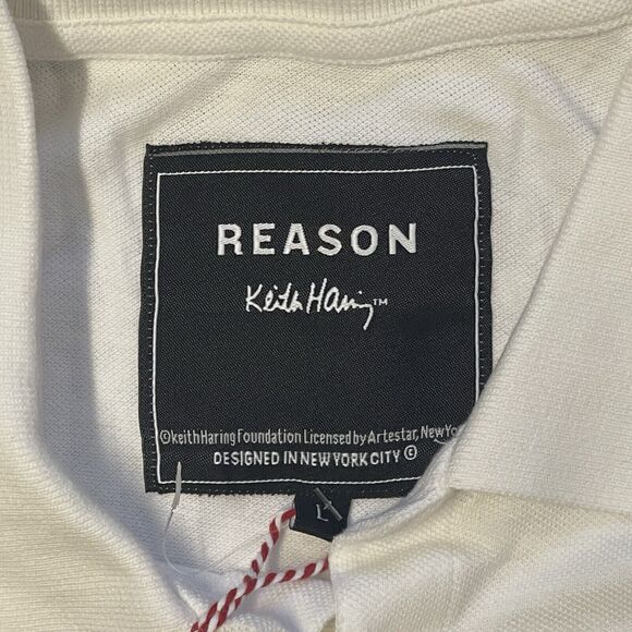 Reason Clothing Keith Haring Embroidered Heart Polo Shirt White Men Lrg New Tag - Picture 5 of 11